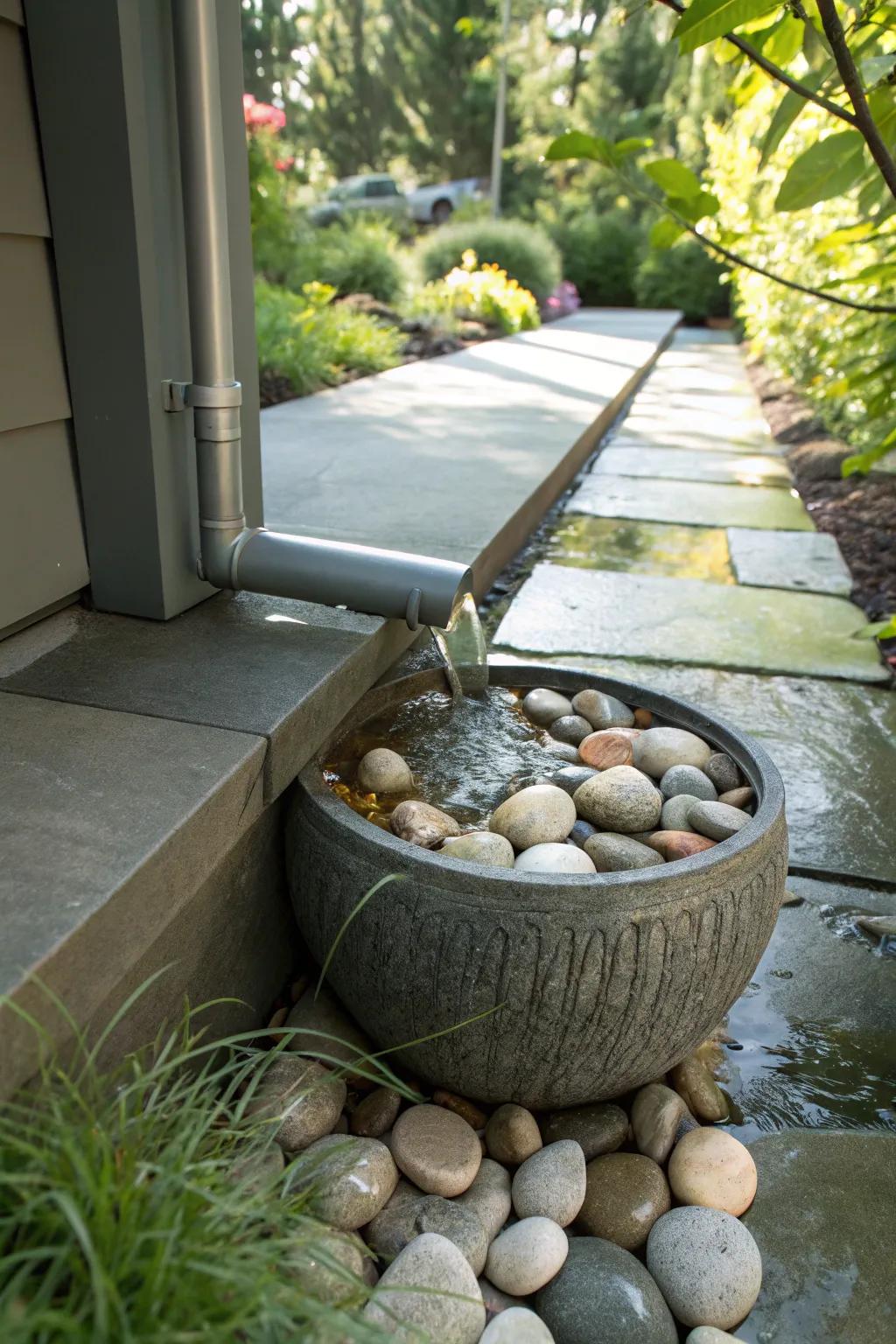 Elevate your rainwater management with a Zen-inspired stone pot and pebble setup.