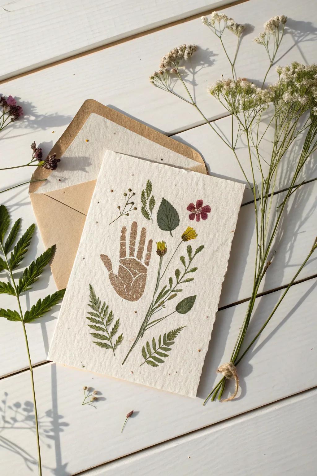 Celebrate with nature's touch: A beautifully crafted handprint card with a floral embrace.
