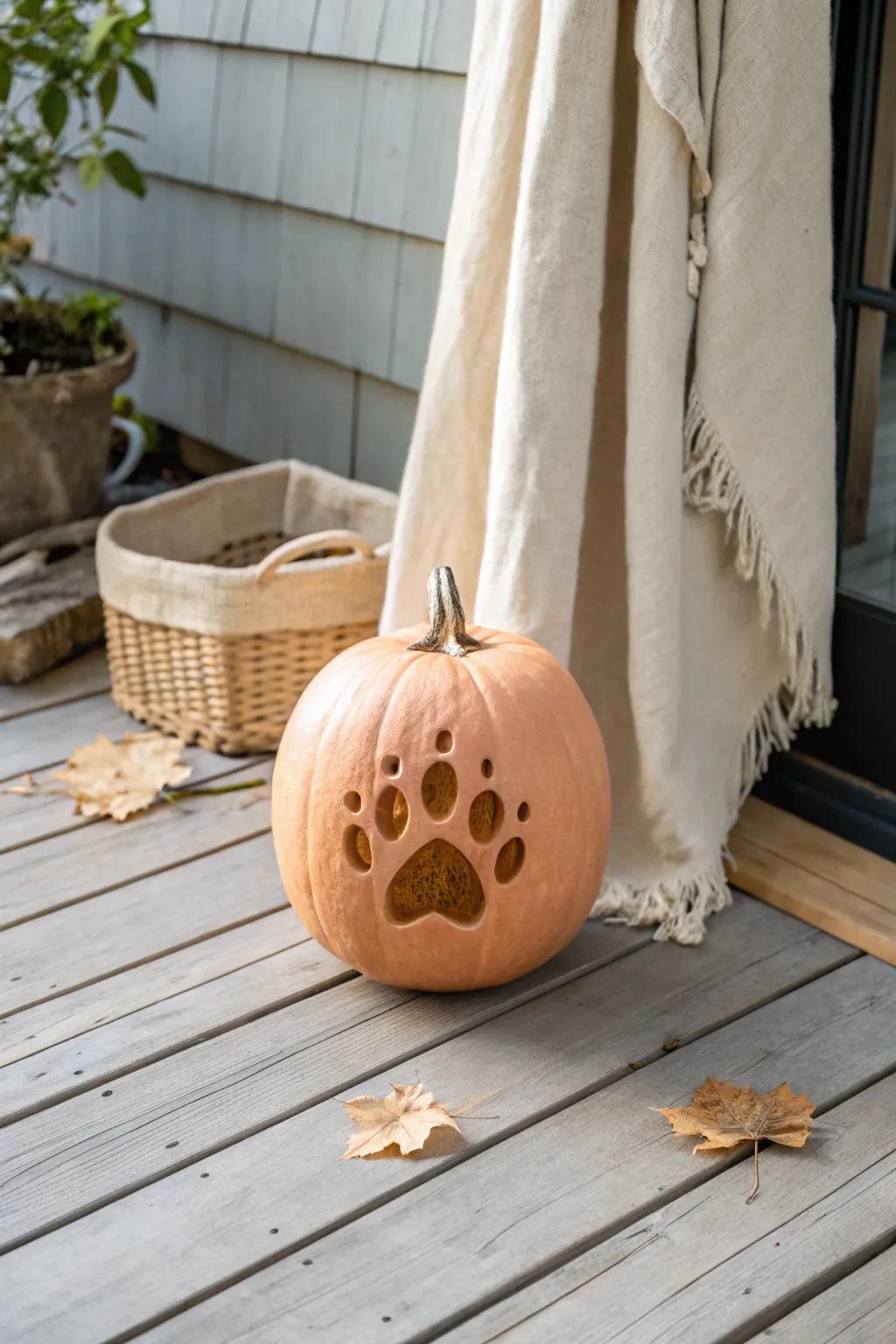 Celebrate your furry friends with adorable paw print pumpkins for a cozy, pet-friendly porch decor.