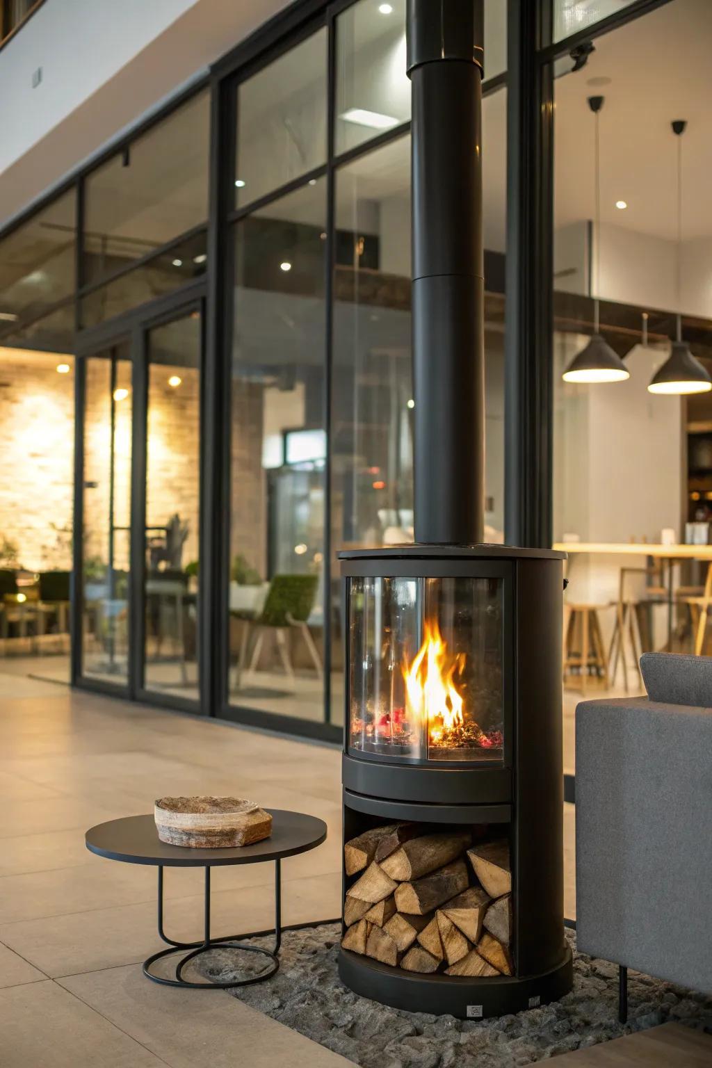 A glass hearth offers a modern surprise in the living room.