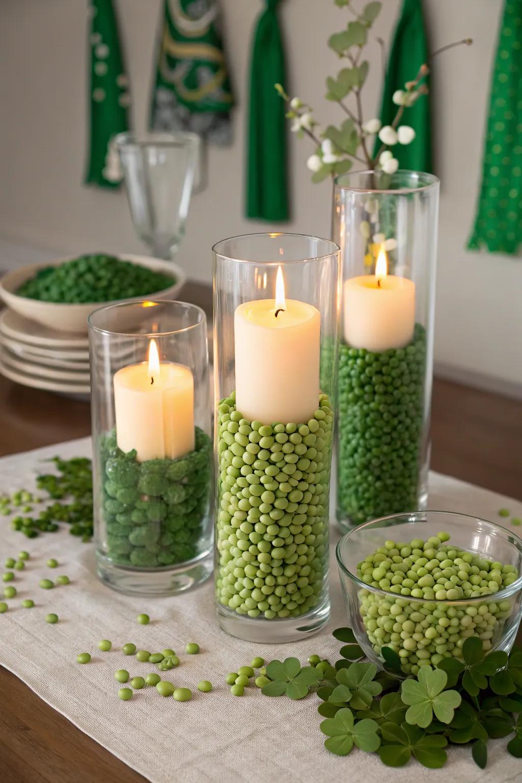 A unique candle display with split peas as filler.
