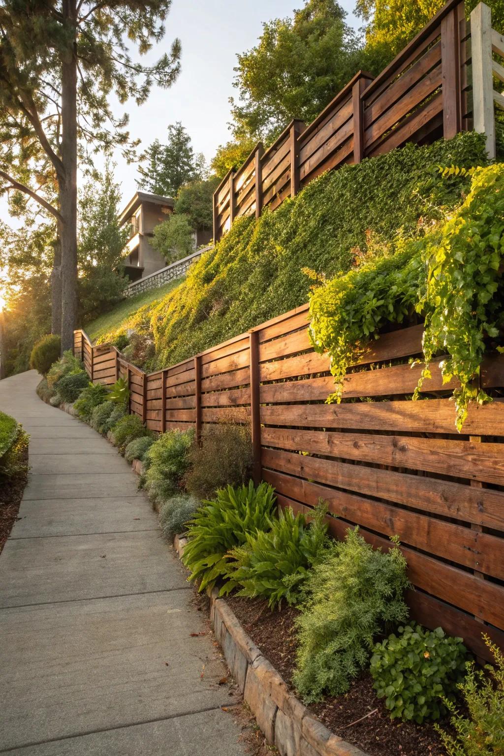 Transform your yard into a natural oasis with a stunning horizontal fence and living wall combo.