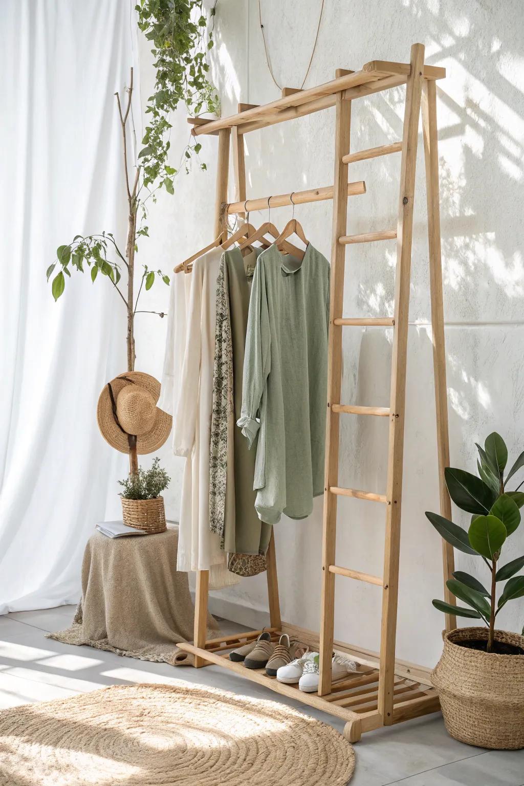 Transform your garage sale with a touch of Scandinavian charm using a garden trellis as a stylish clothes rack.