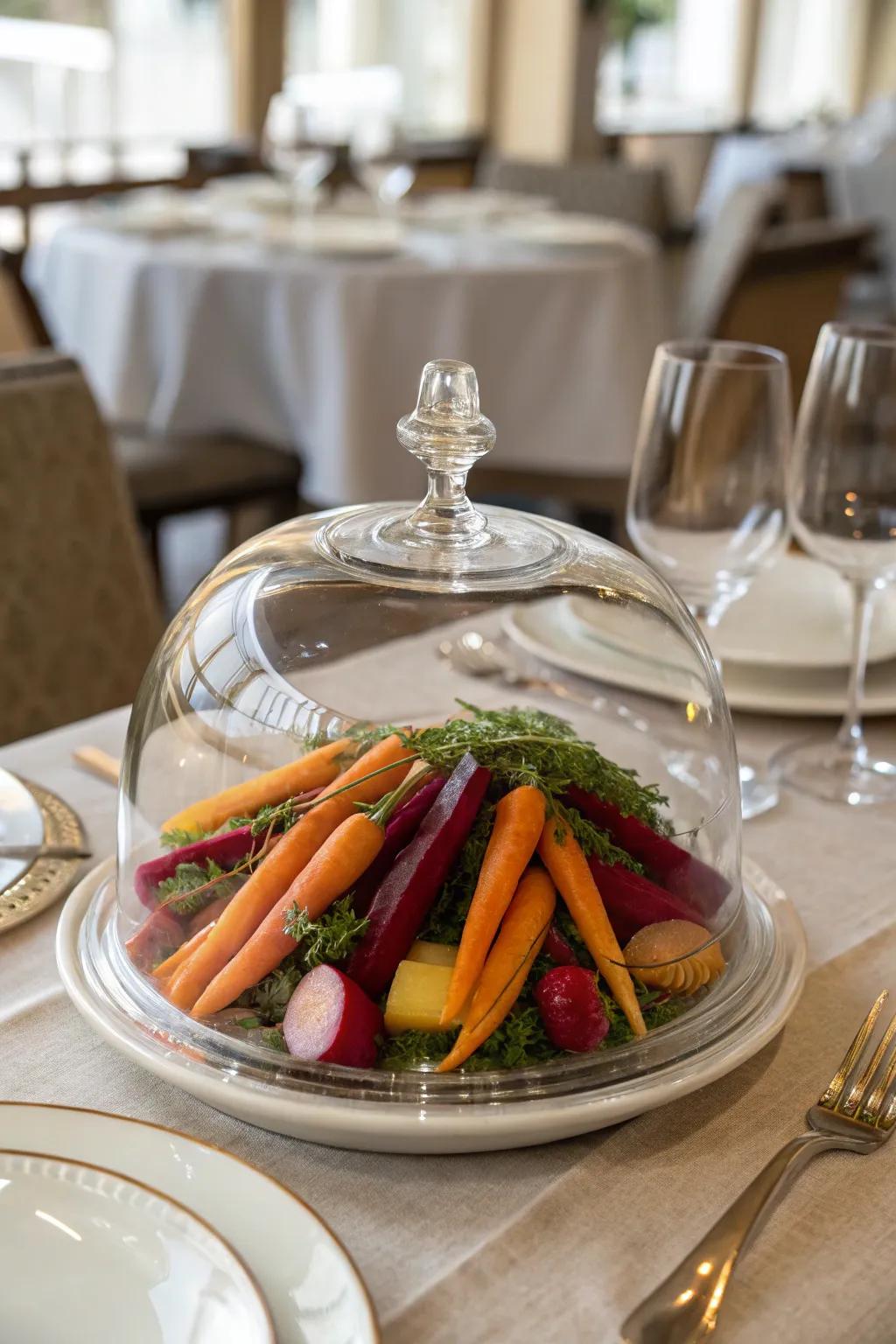 A cloche display turning root vegetable storage into a dining area masterpiece.