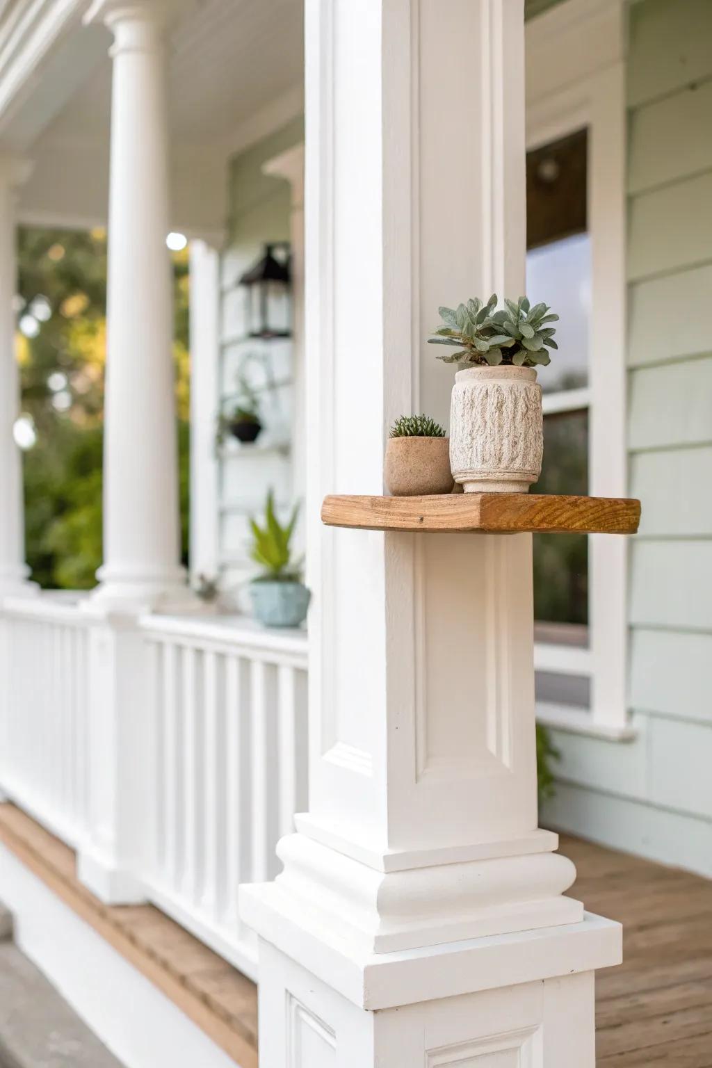 Transform your porch with minimalist charm: small shelves for style and functionality.