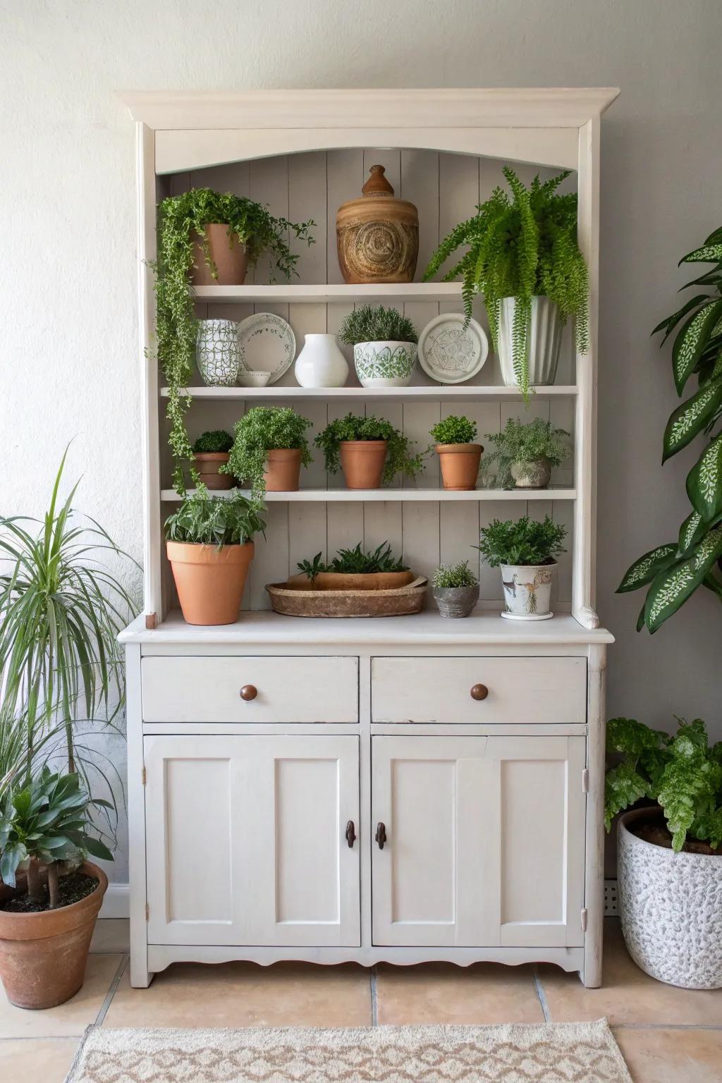 Transform your old hutch into a serene indoor garden oasis with minimalist charm!