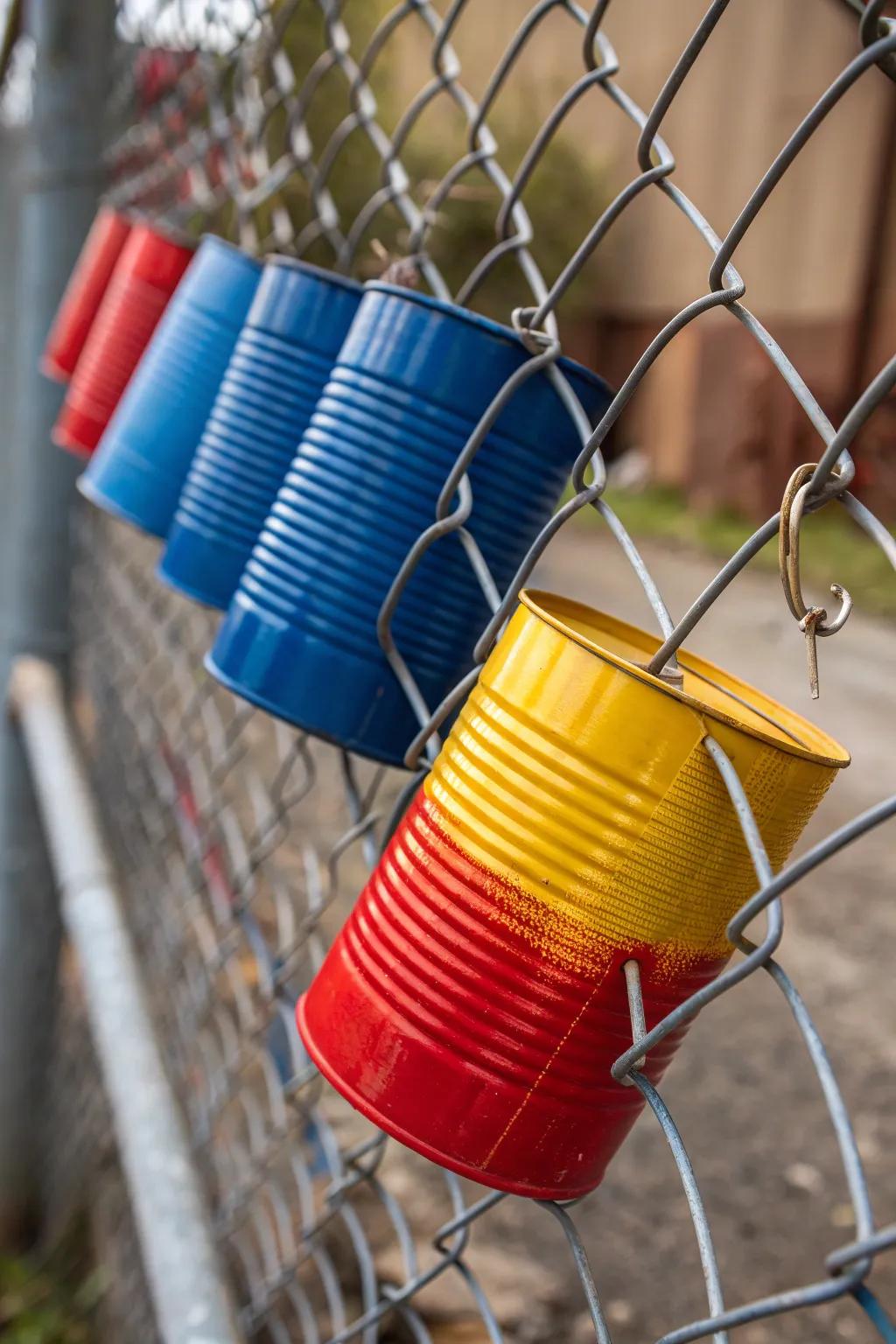 Transform your fence with vibrant upcycled tin can art—where creativity meets craftsmanship.