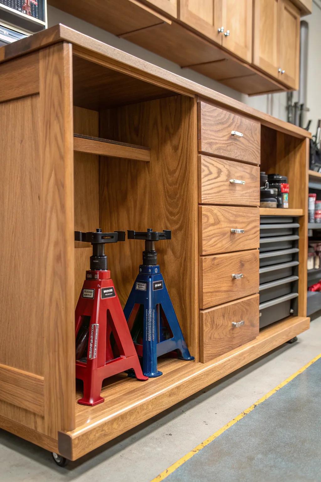 Give your jack stands a stylish home with dedicated cabinet storage, where craftsmanship meets organization.