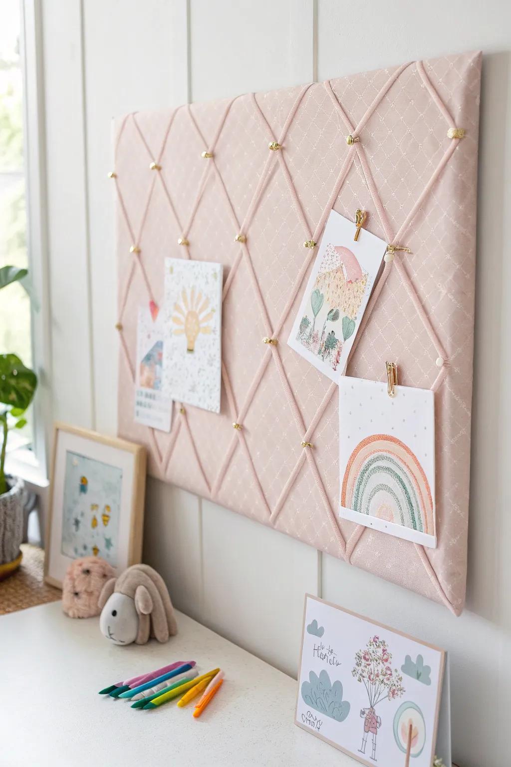 Elevate your little one's art with a fabric-lined pinboard that blends simplicity and style.