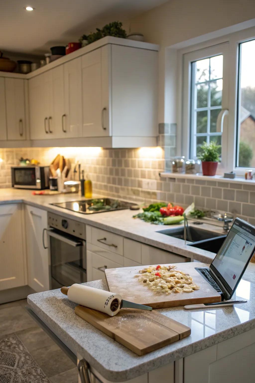 A fold-down counter offering adaptable space in a compact kitchen.