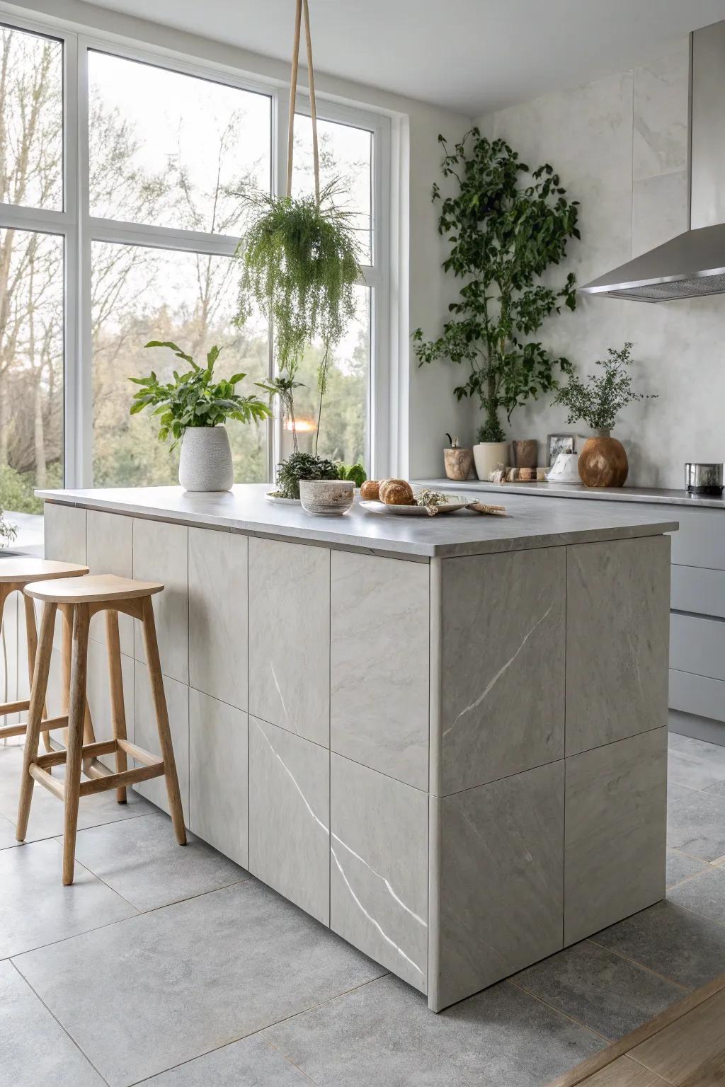 Elevate your kitchen with the timeless elegance of gray tiles, blending minimalist beauty with versatile design.