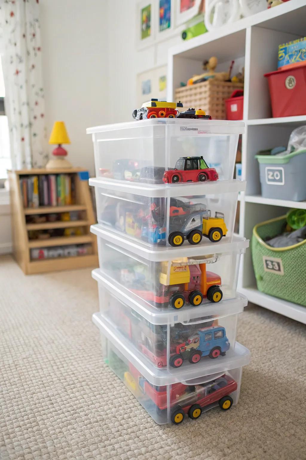 Clear containers make finding and storing cars a breeze.