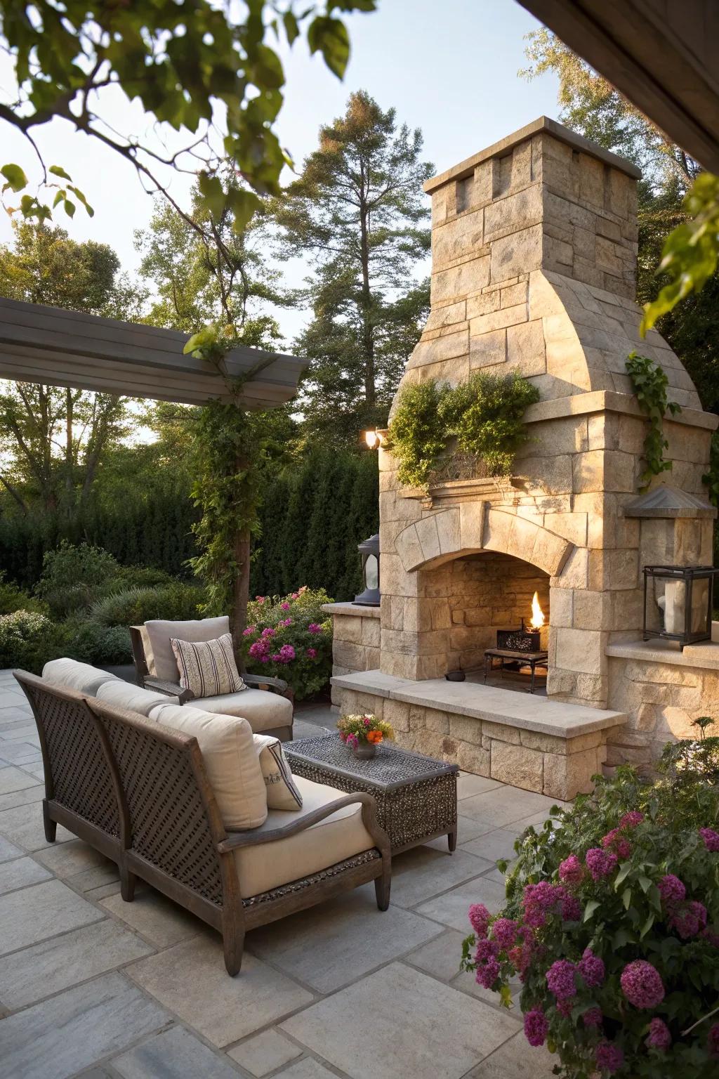 An outdoor light stone fireplace serves as a cozy gathering spot.
