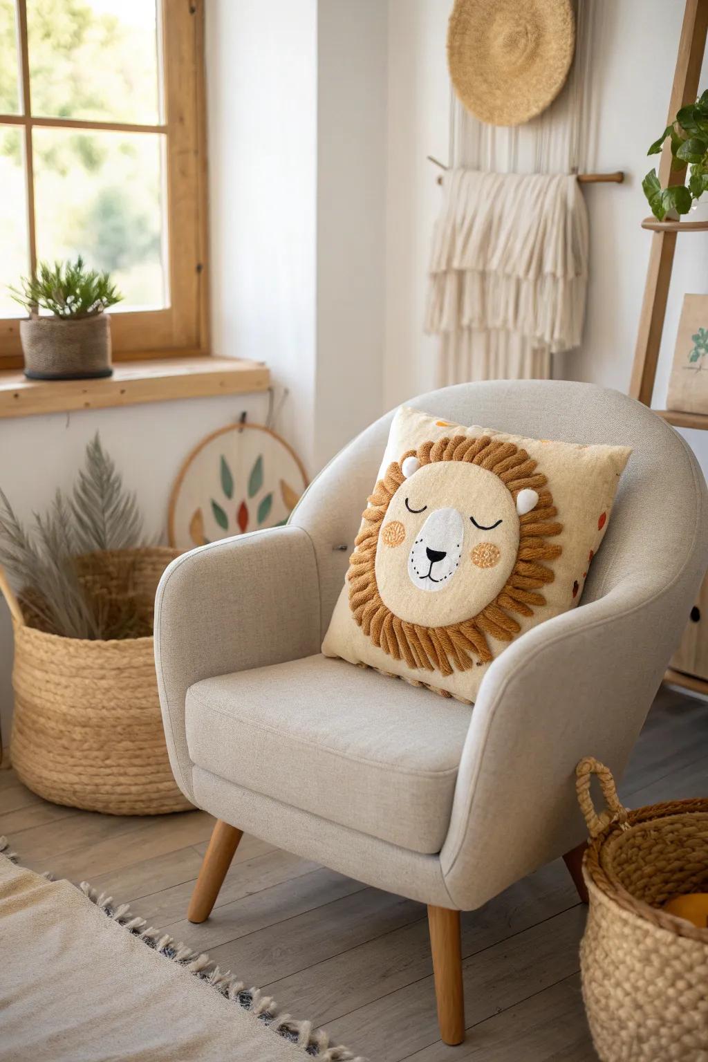 Add a touch of whimsy to your space with this charming felt lion pillow, blending cozy Scandinavian minimalism with Boho flair.