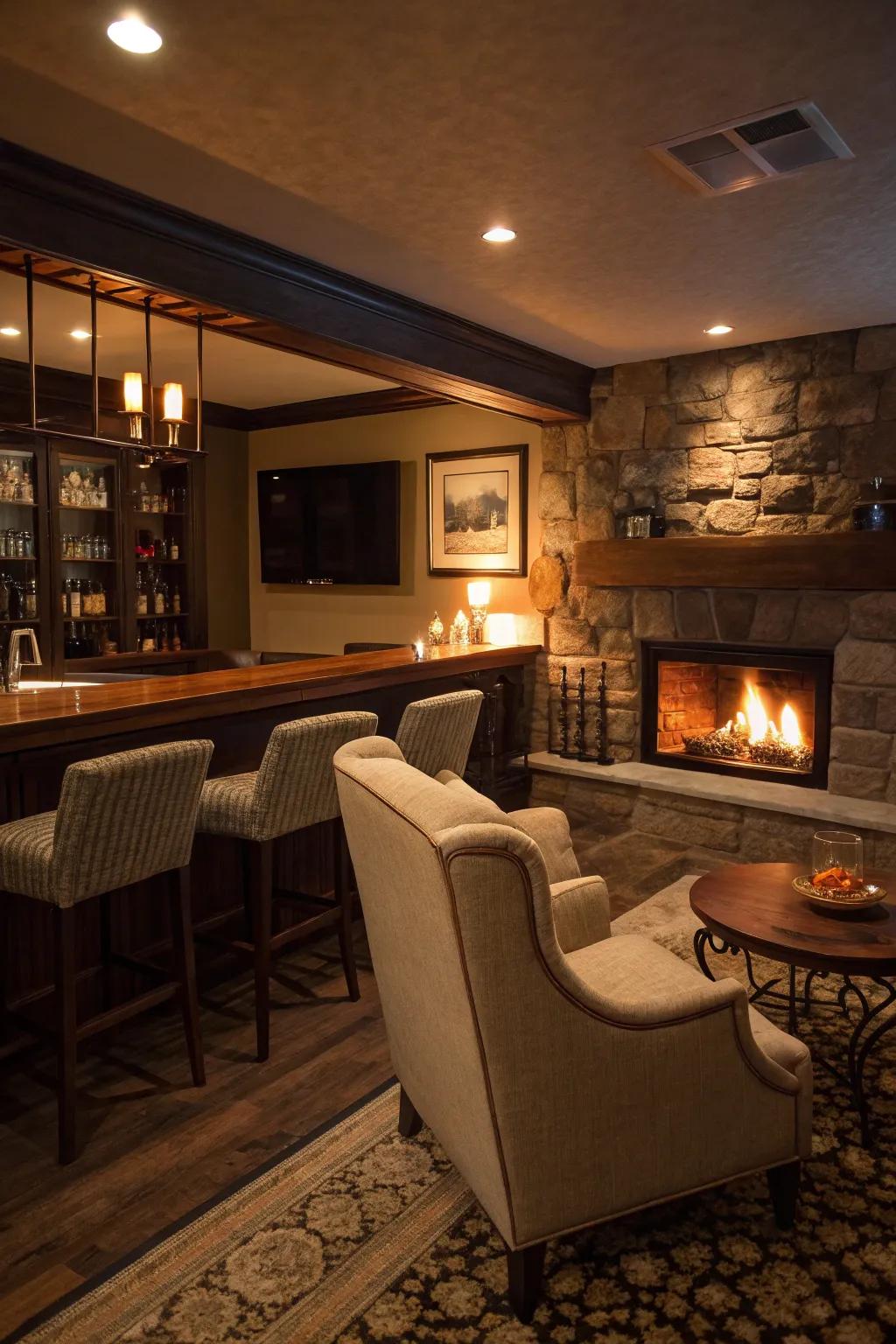 A fireplace adds warmth and coziness to your bar.