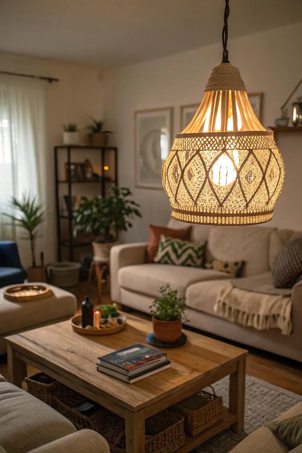 A DIY light fixture can dramatically change the room's ambiance.