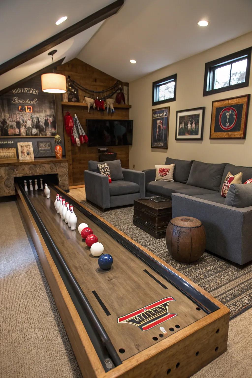 A mini bowling alley is a fun, unexpected addition.