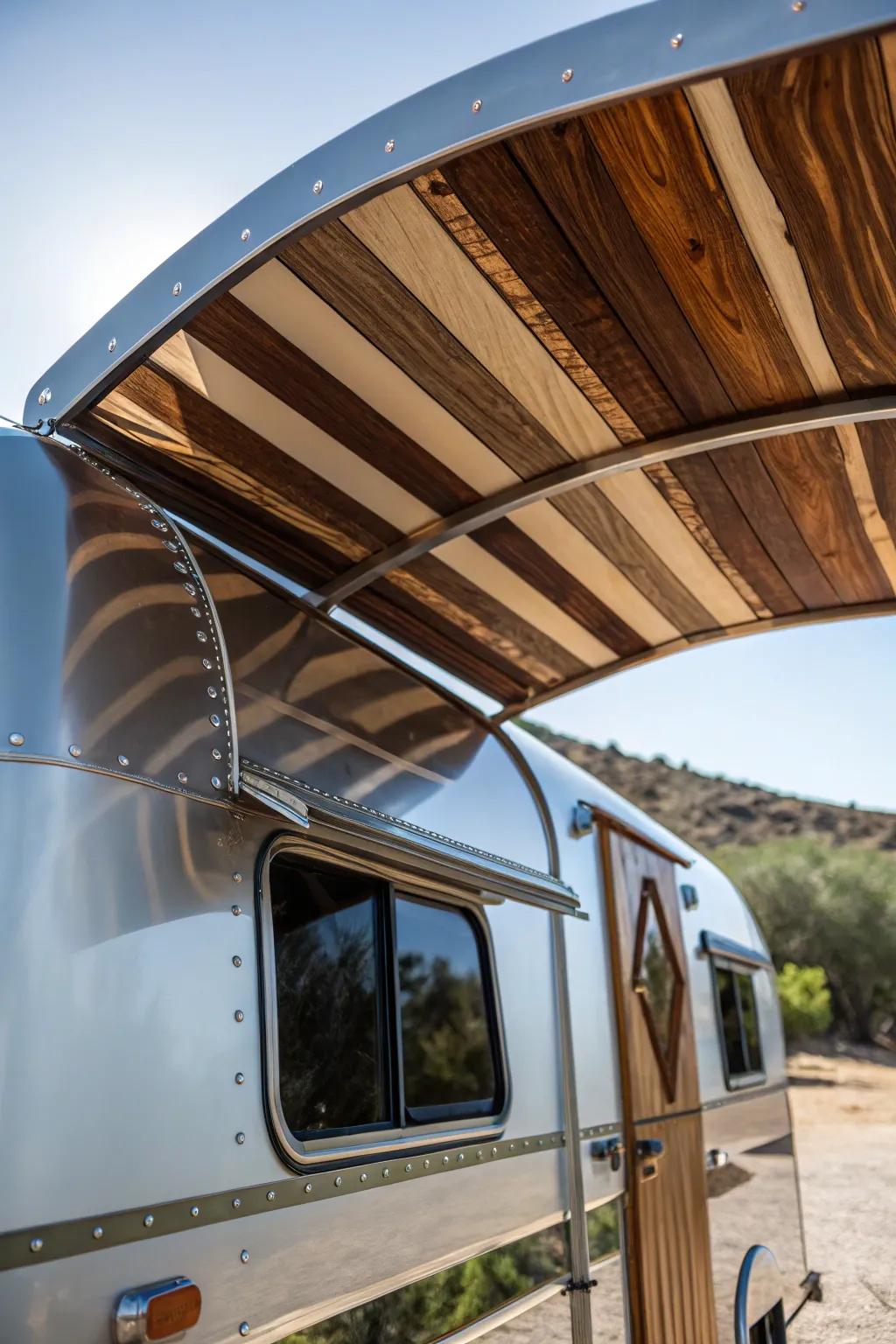 Elevate your camper with a stunning mixed material canopy that blends metal's sleekness with wood's warmth.