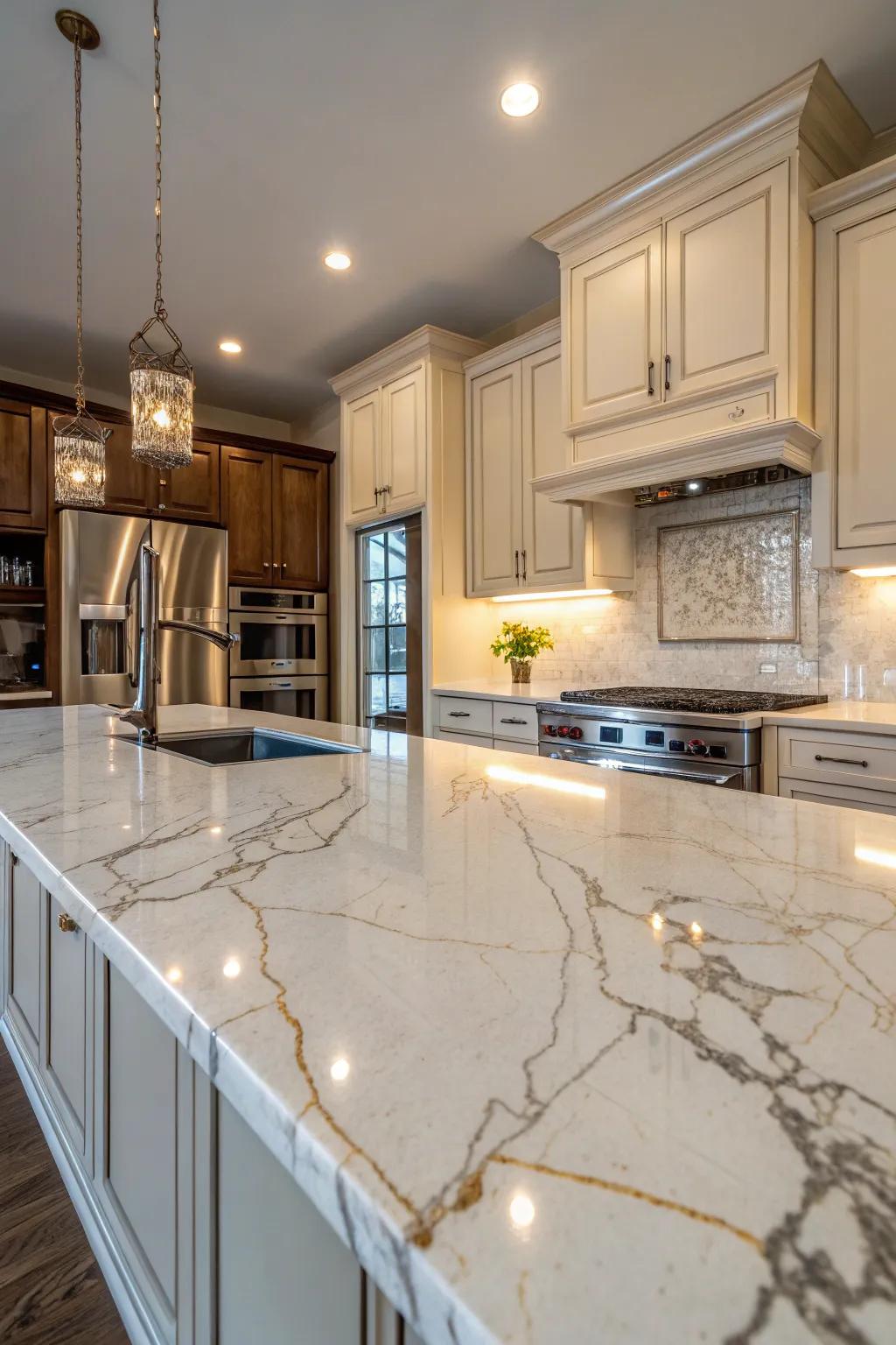 A kitchen transformed by statement stonework.