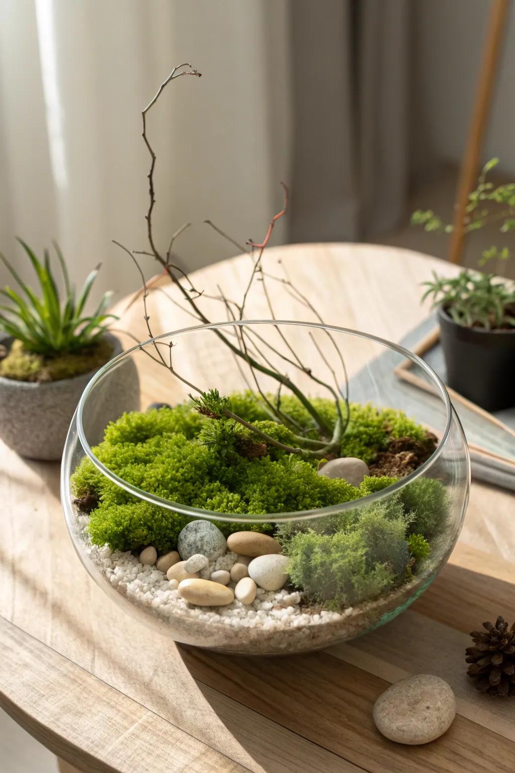 Embrace simplicity with a stunning open bowl moss terrarium. Perfect for those who cherish natural beauty and minimalism.