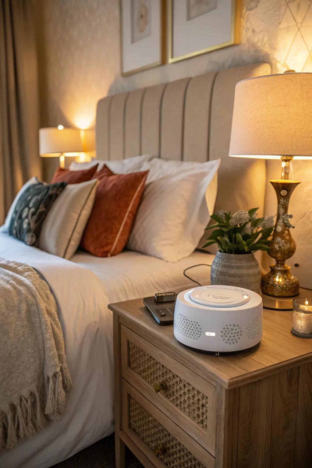 A sound machine adds a soothing element to the room's atmosphere.