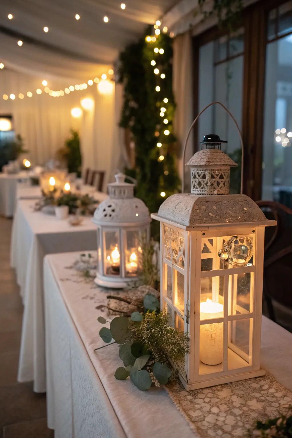 Lanterns add whimsy and warmth to the decor.