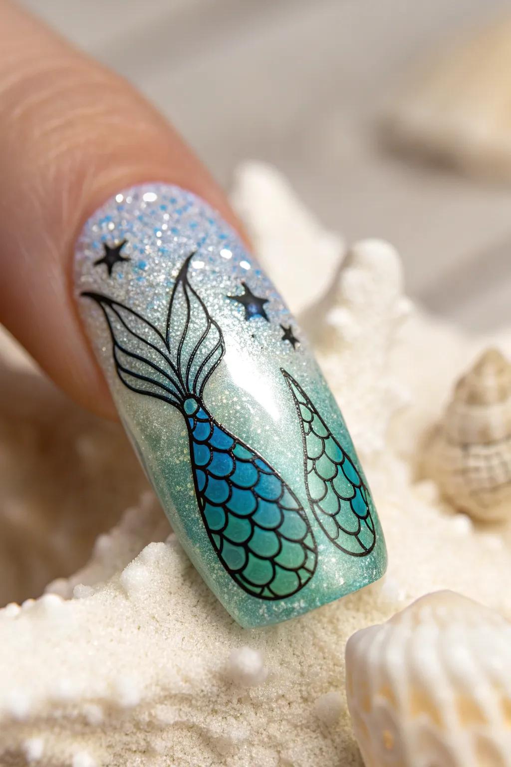 Dive deep into elegance with this mesmerizing underwater nail art, where mermaids meet minimalism.
