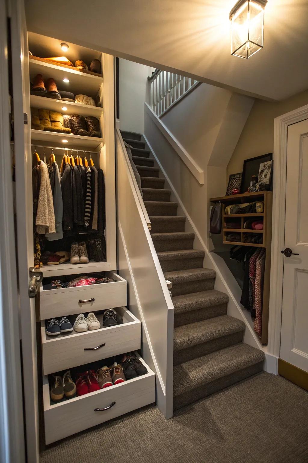 Under-stair cabinets make the most of unused space.