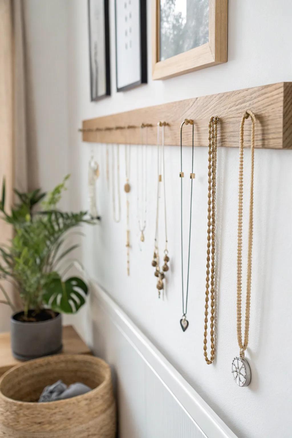 Effortlessly cool and tangle-free: Discover the art of necklace storage with a chic magnetic strip display.