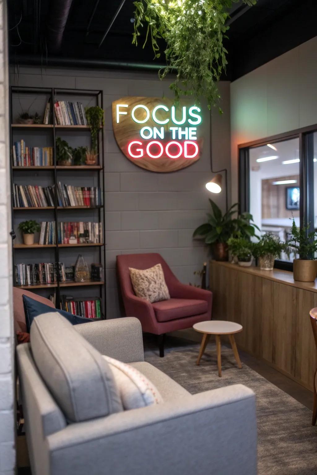 A serene reading nook with a 'Focus on the Good' neon sign.