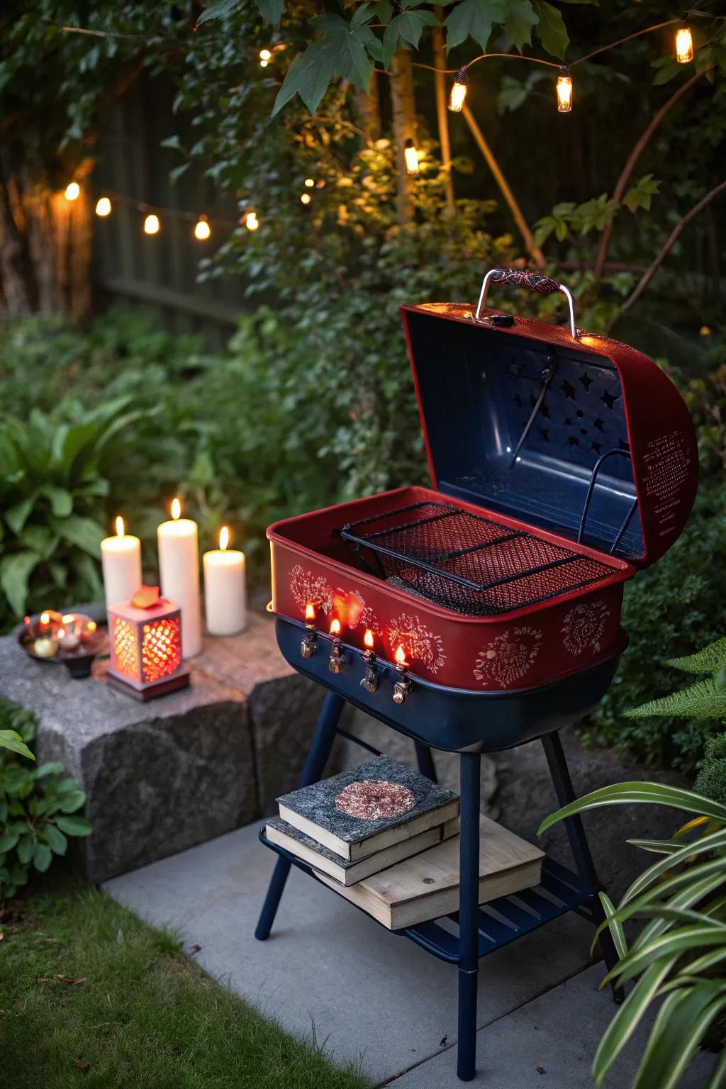 Illuminate your garden with a touch of creativity: Transform your old grill into a stunning outdoor candle holder.