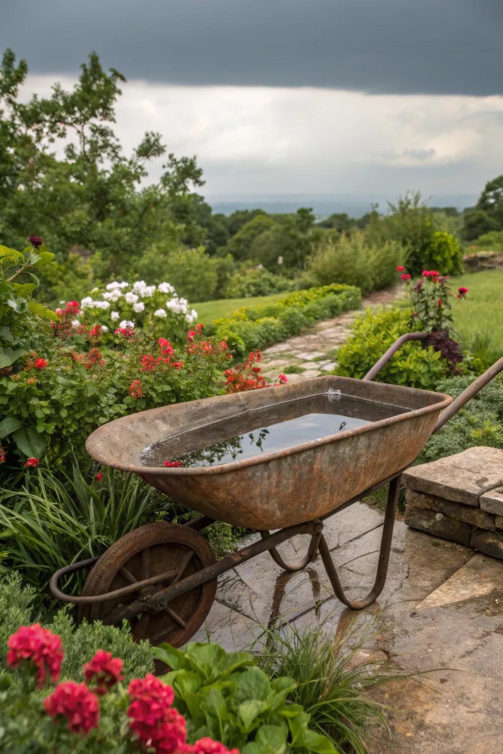 Elevate your garden's charm with a rustic wheelbarrow bird bath, where craftsmanship meets nature.
