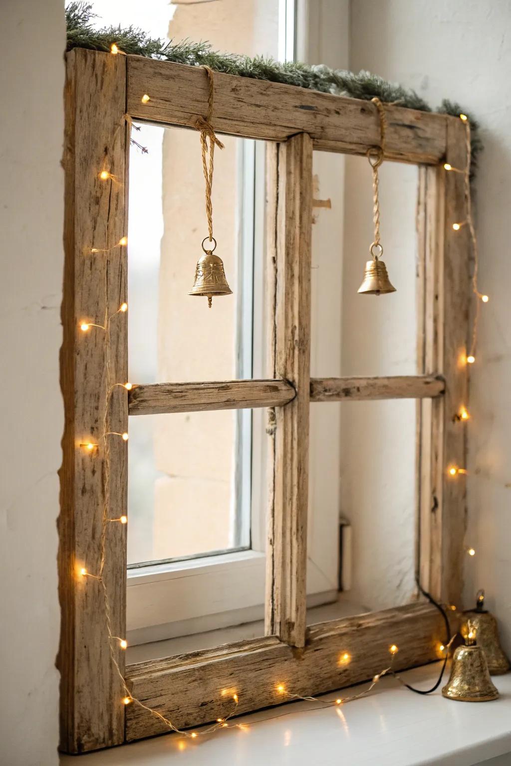 Jingle all the way with this charming window frame adorned with bells for a minimalist holiday touch.
