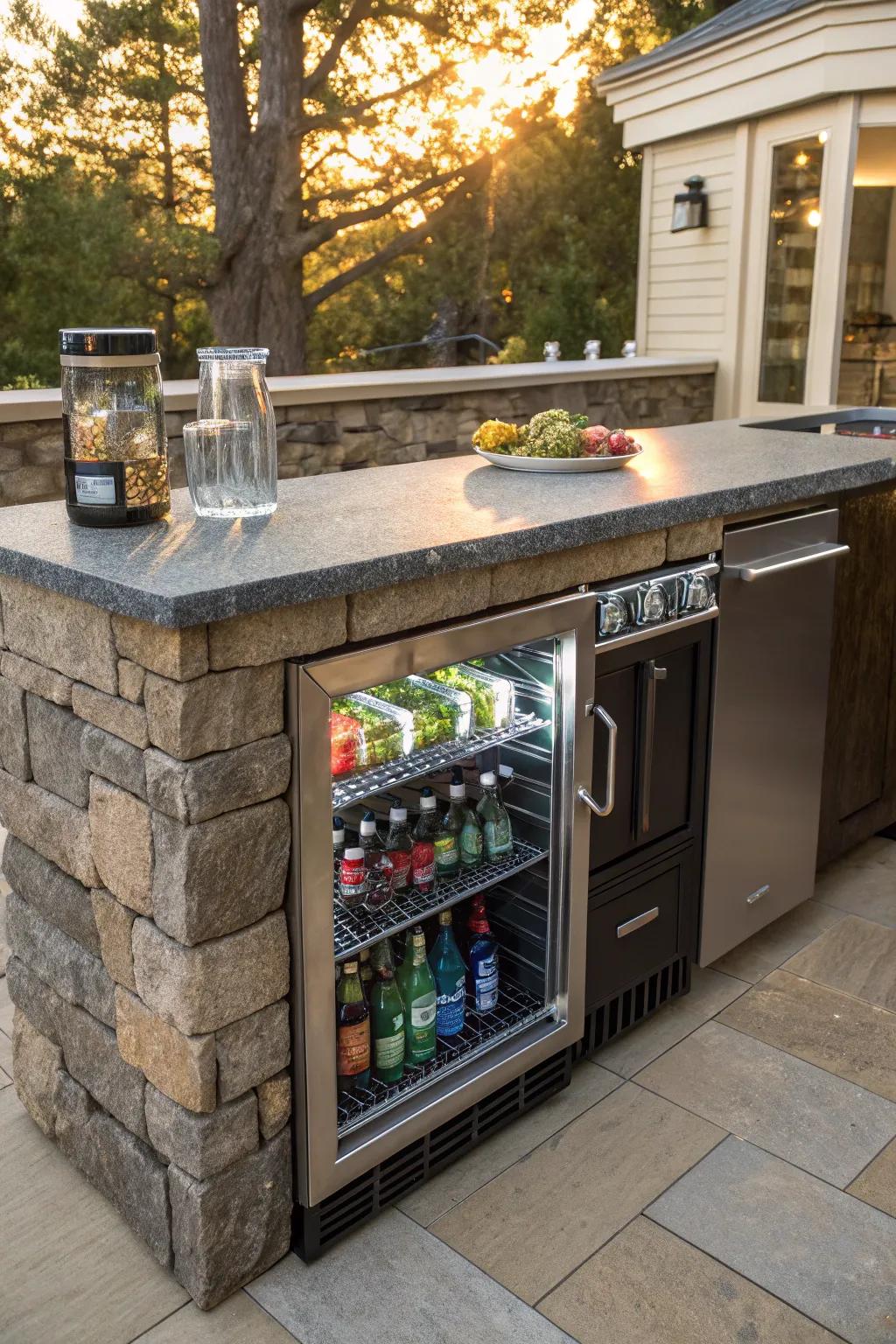 Elevate your outdoor kitchen game with a stylish built-in cooler, perfect for keeping your drinks icy and your space clutter-free.
