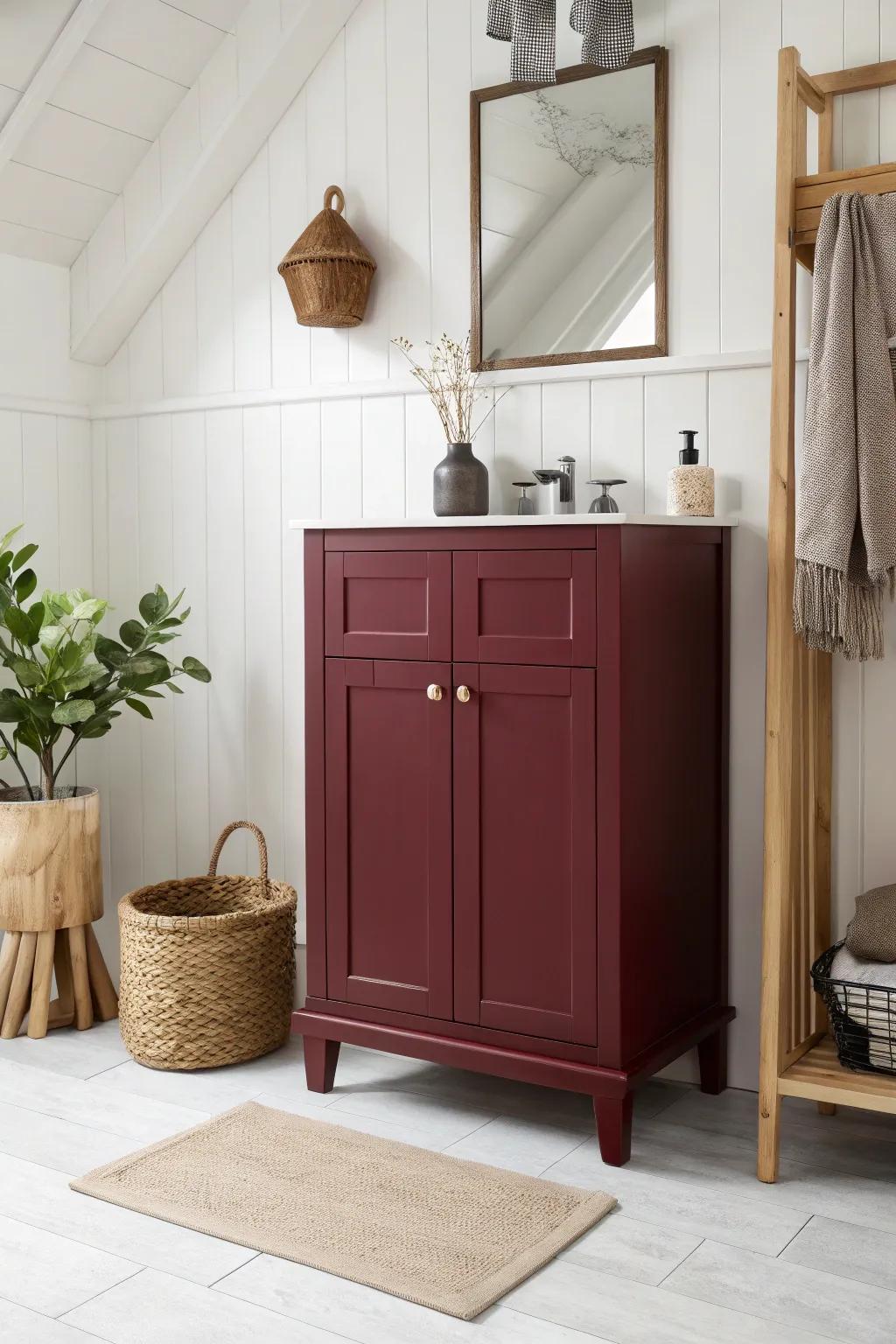 Elevate your bathroom with a touch of luxury: bold burgundy cabinets that speak to Scandinavian elegance.