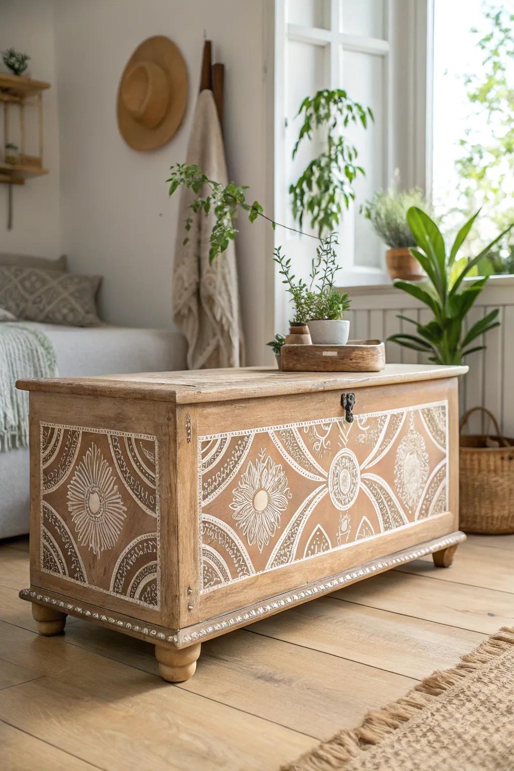 Transform your space with eco-friendly elegance: a cedar chest makeover with a boho twist.