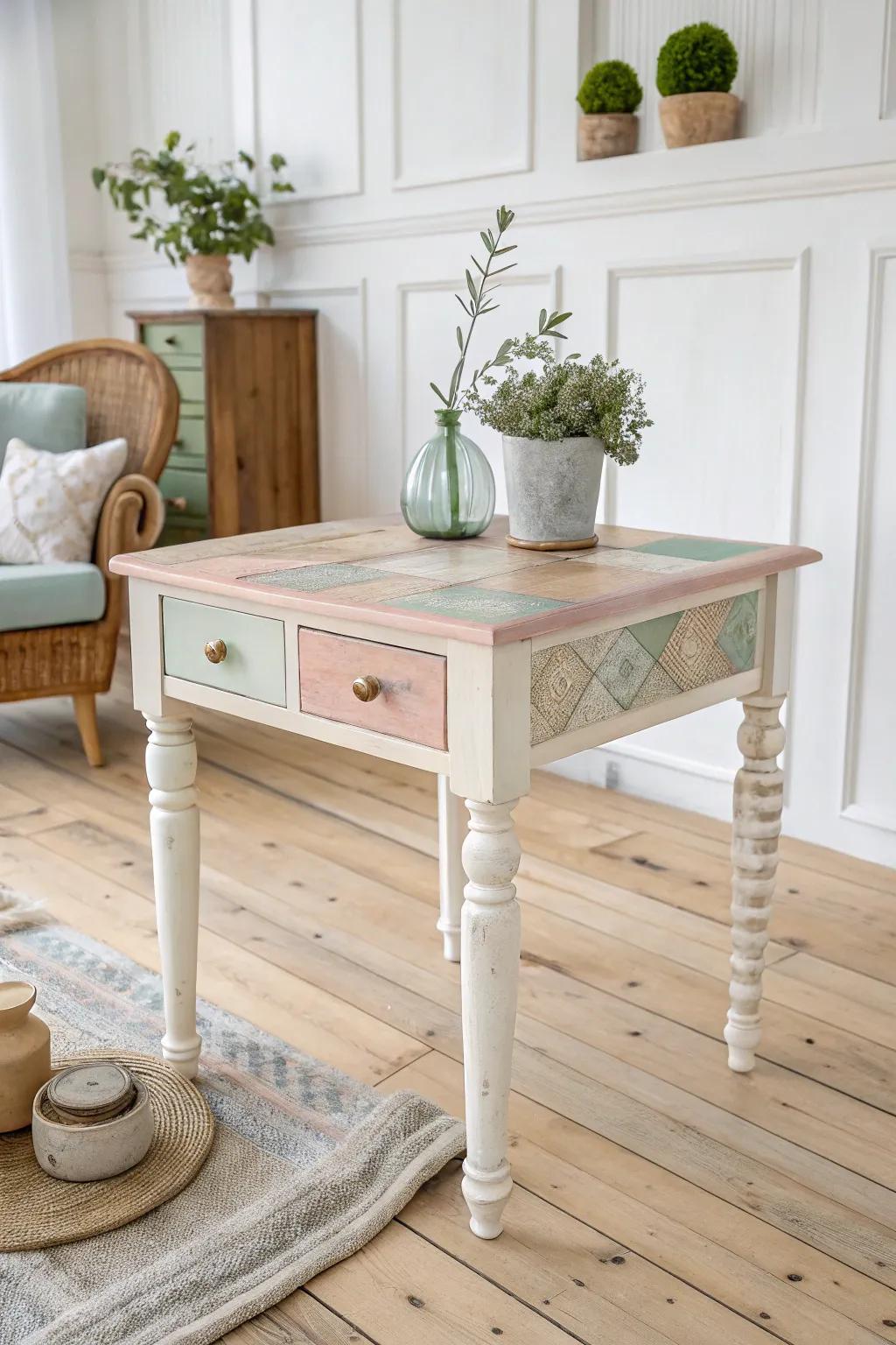 Transform your space with a patchwork-painted end table, where simplicity meets artistic flair.