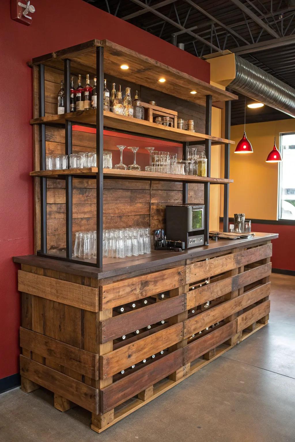 Elevate your space with a bespoke pallet bar featuring customizable shelving for the ultimate personalized touch.