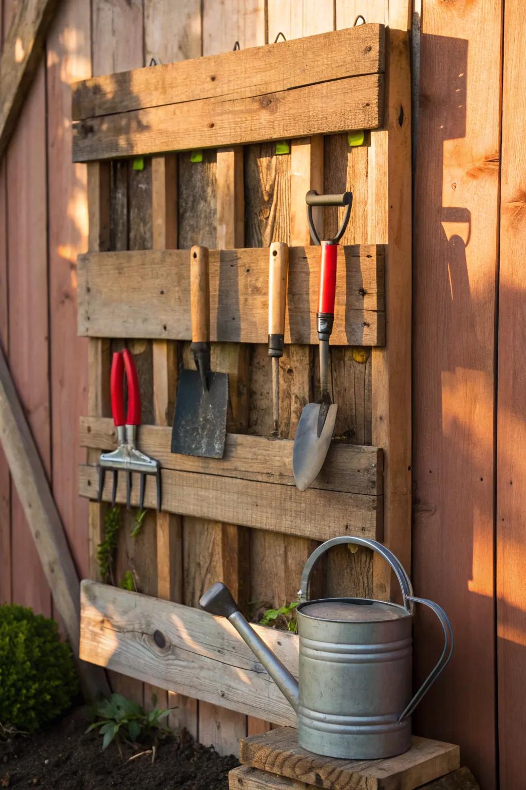 Elevate your outdoor space with a stylish and functional pallet tool organizer.