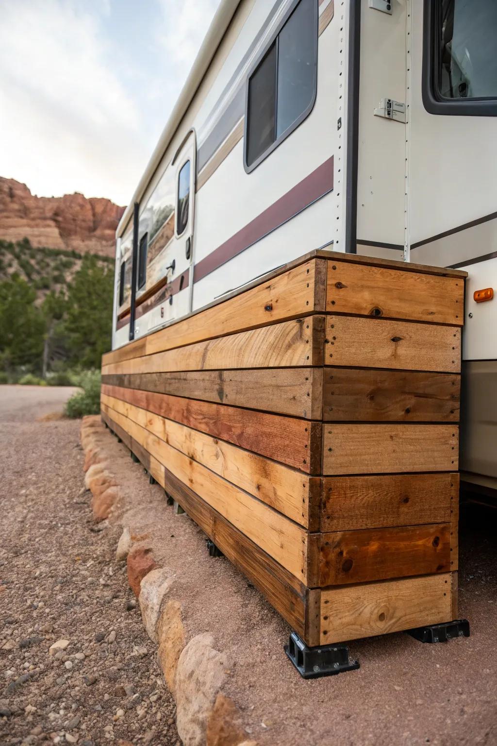 Elevate your RV experience with sustainable pallet skirting—where style meets eco-conscious craftsmanship.