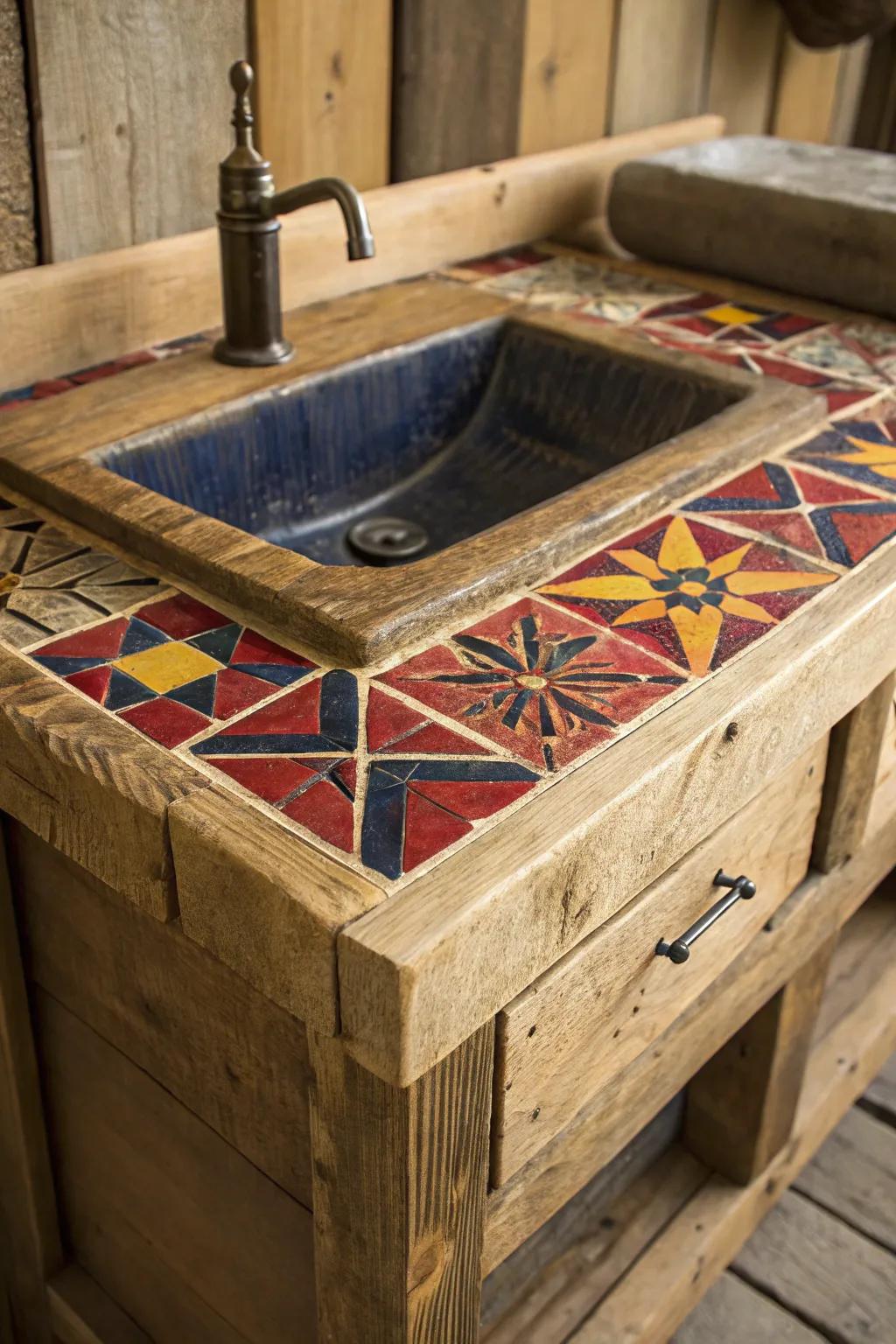 Elevate your sink space with a bold tile inlay, where craftsmanship meets vibrant artistry.