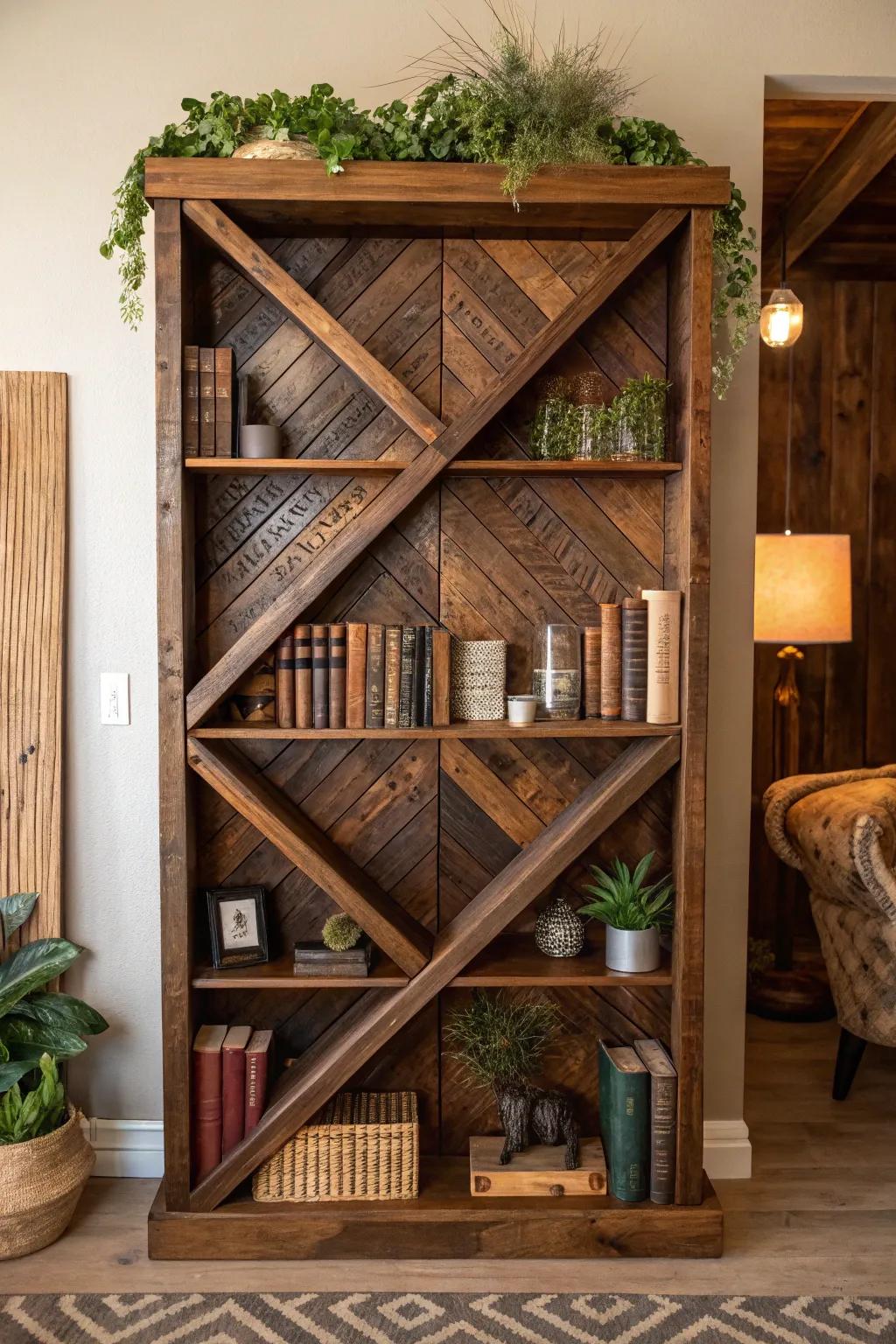 Transform pallet wood into a striking DIY bookshelf that blends functionality with artistry. Perfect for showcasing your favorite reads and a touch of greenery.