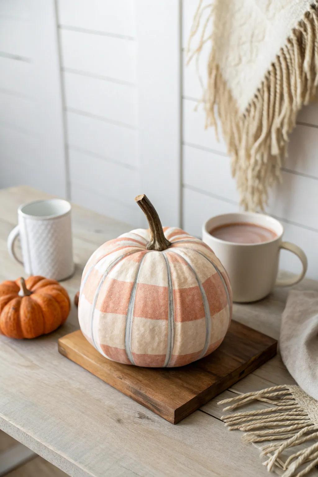 Warm up your autumn decor with a charming plaid-patterned pumpkin, perfect for cozy evenings in.