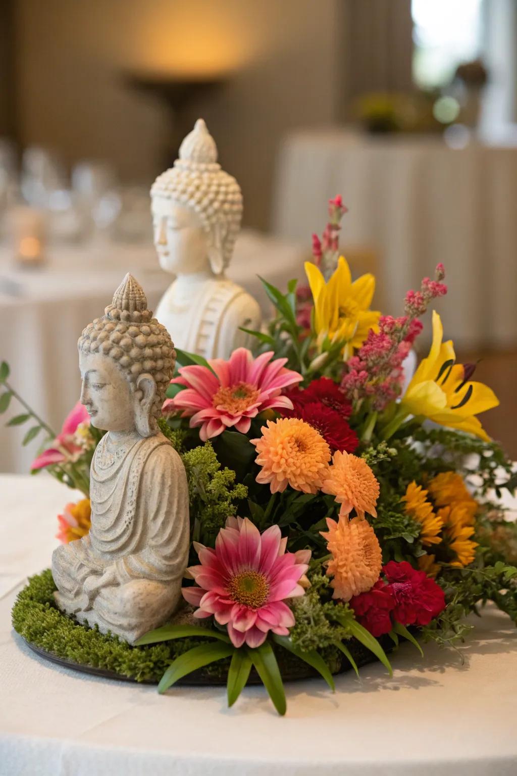 A centerpiece with artistic sculptures for a gallery feel.