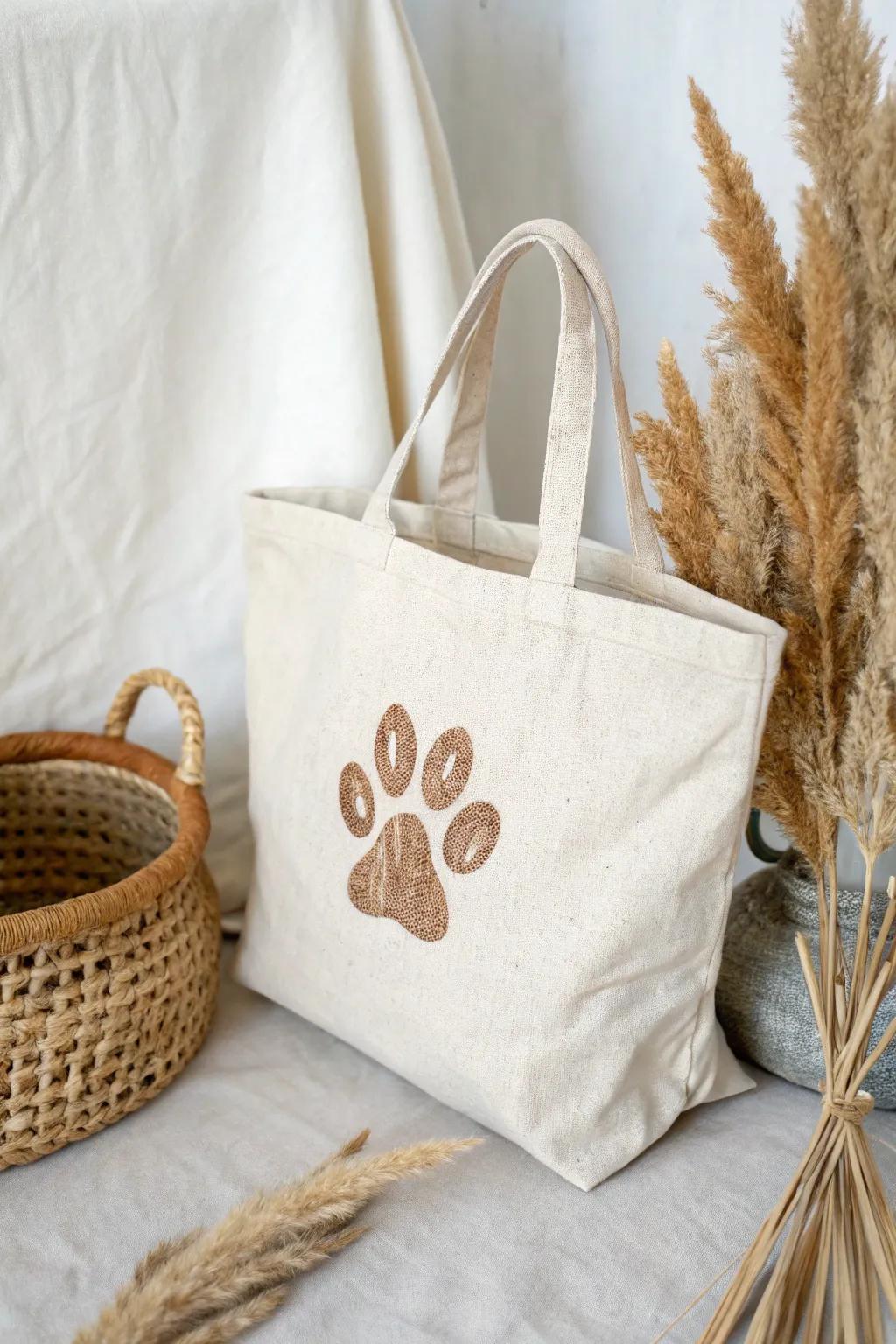 Carry your love for nature and your pet in style with this artisan paw print canvas bag.