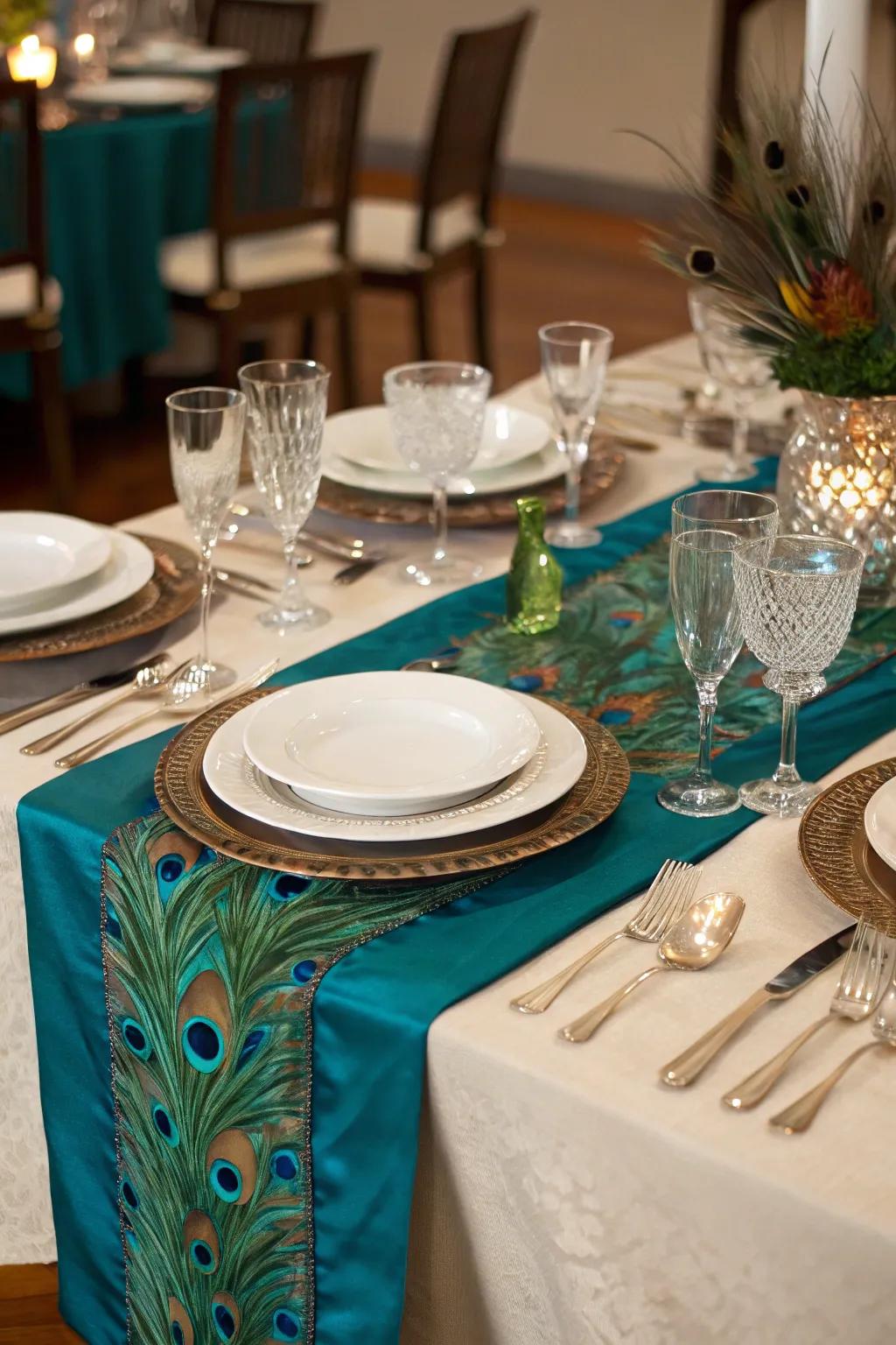 Reception tables adorned with striking peacock-colored table runners.