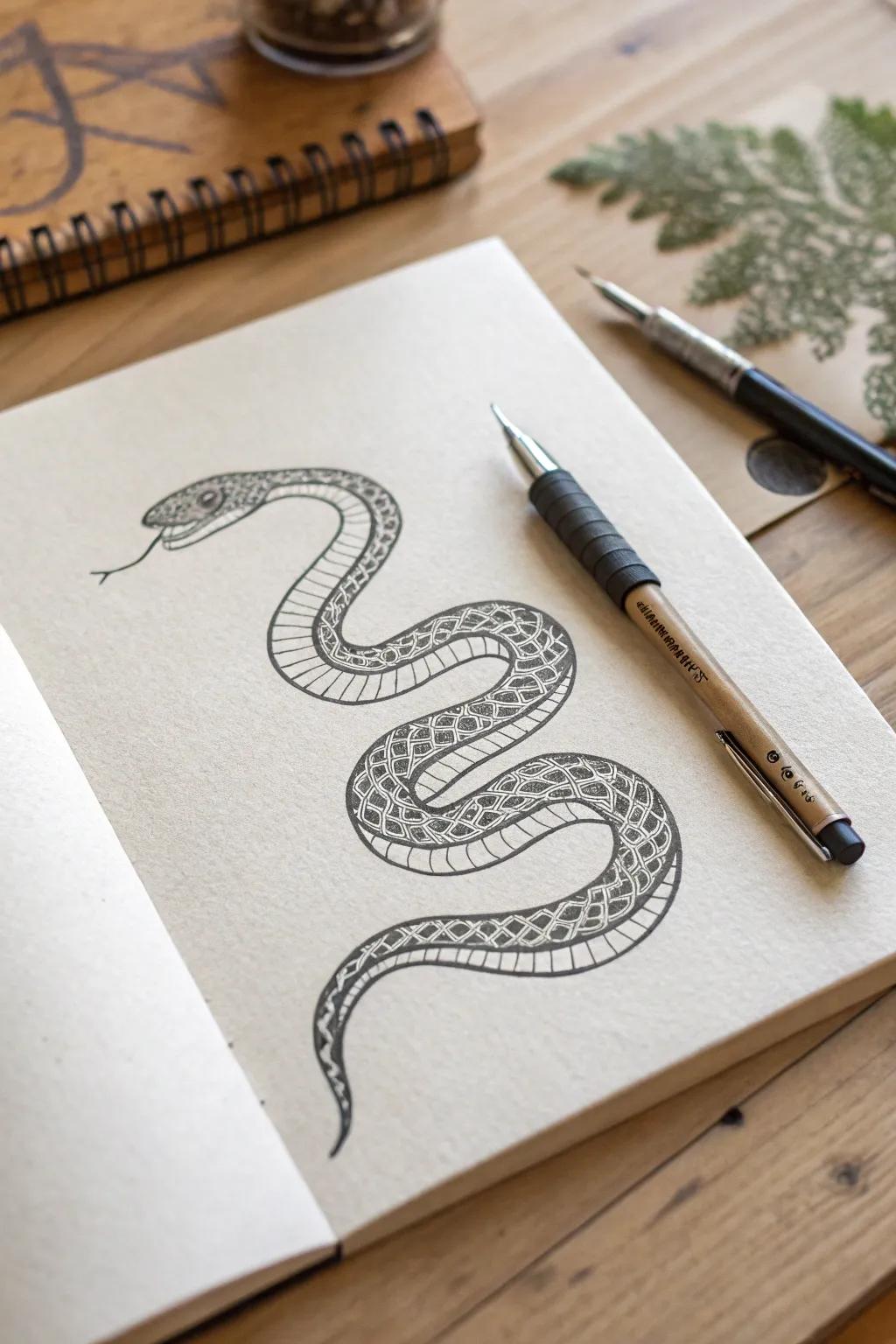 Embrace the beauty of the exotic with this minimalist snake pen art.