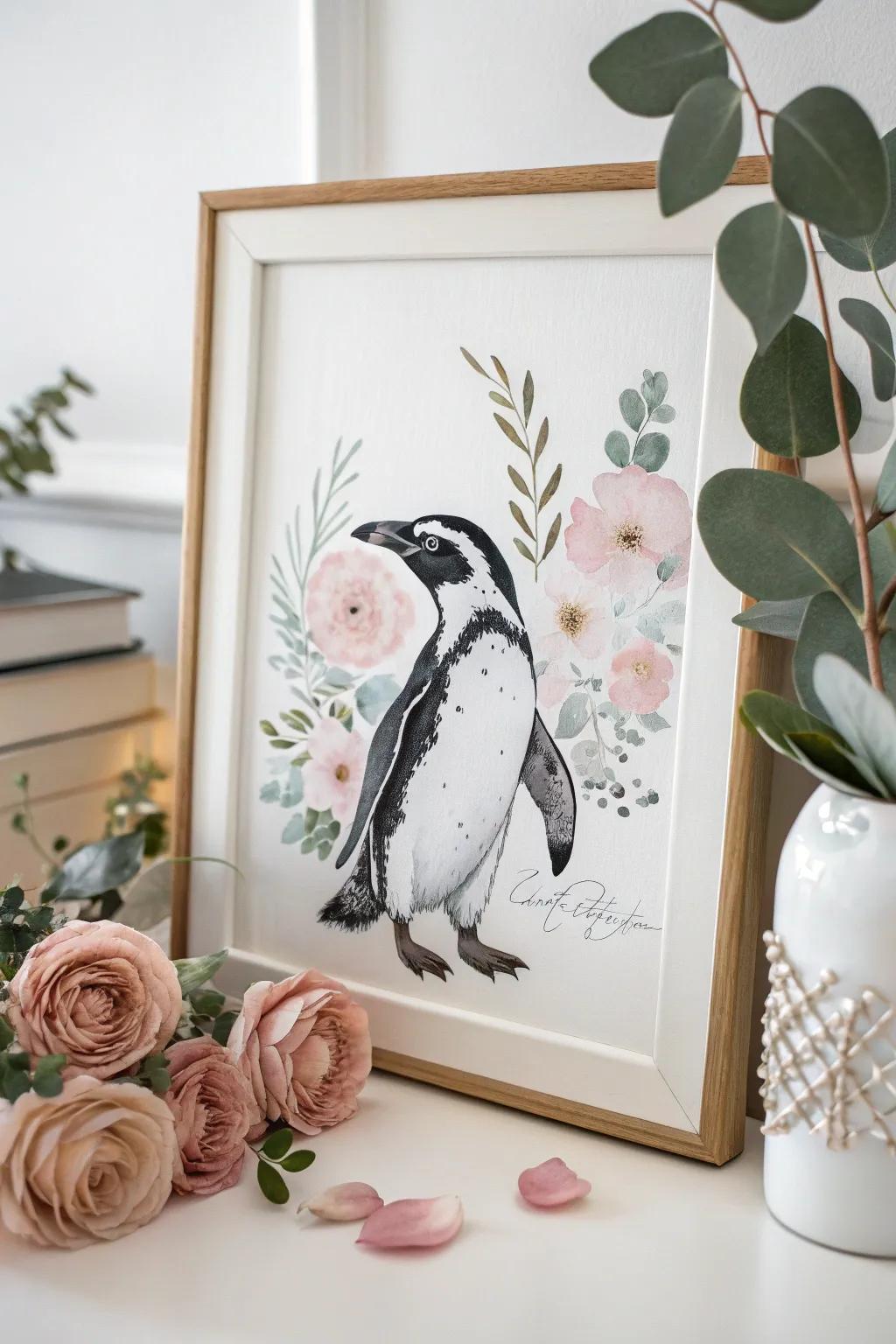 Discover the whimsical blend of nature and art with this enchanting penguin surrounded by floral elegance.