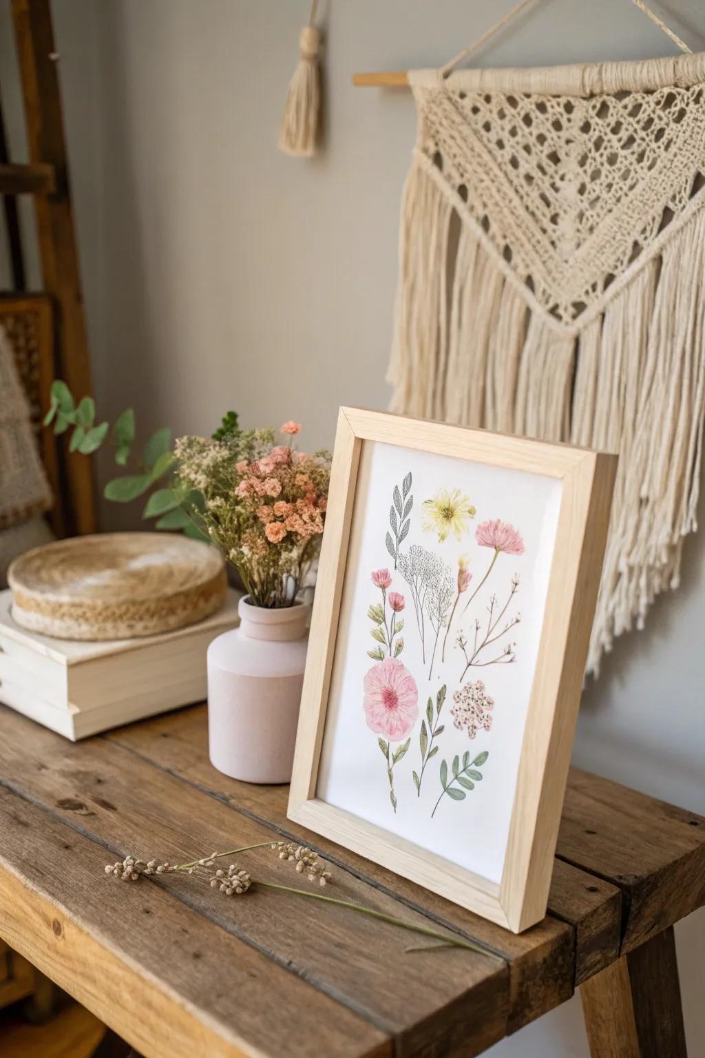 Embrace the serene beauty of nature with this pressed flower photo centerpiece.