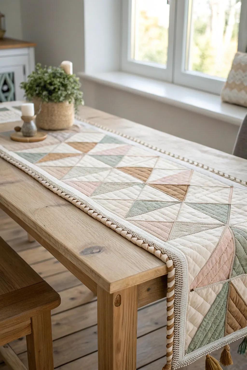 Elevate your quilt with a stunning table runner design, where minimalism meets boho charm.